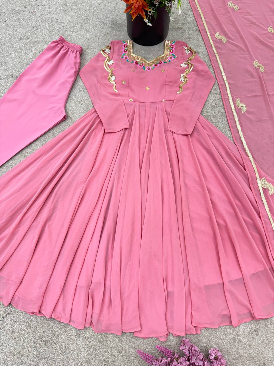 Blush Pink Faux Georgette Embroidered Flared Gown Suit Set with Dupatta
