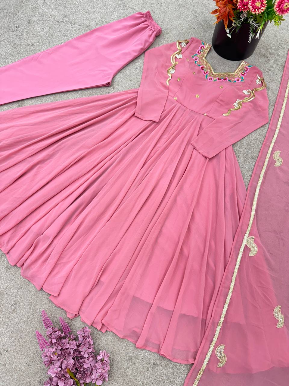 Blush Pink Faux Georgette Embroidered Flared Gown Suit Set with Dupatta