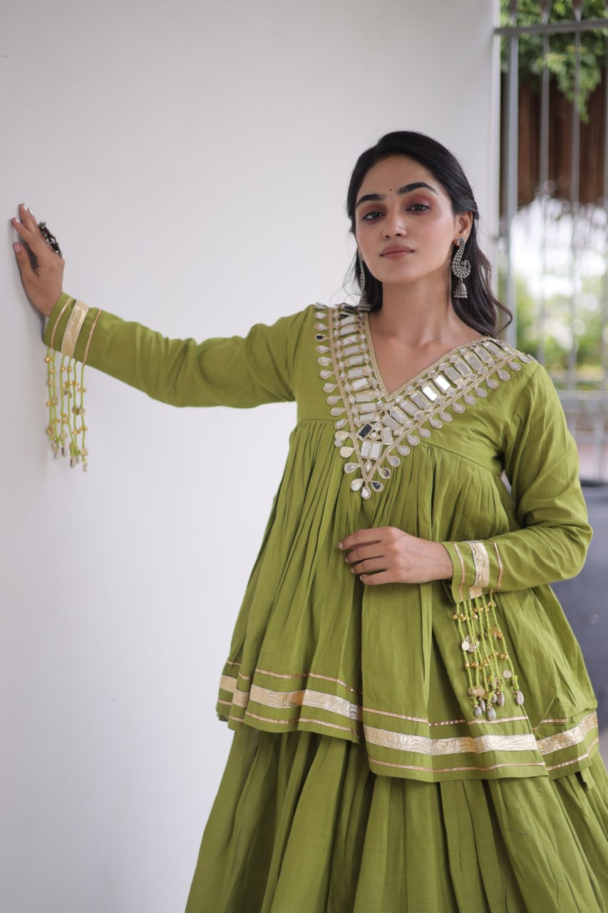 Olive Green Kora Cotton Navratri Lehenga Set with Mirror Work Blouse