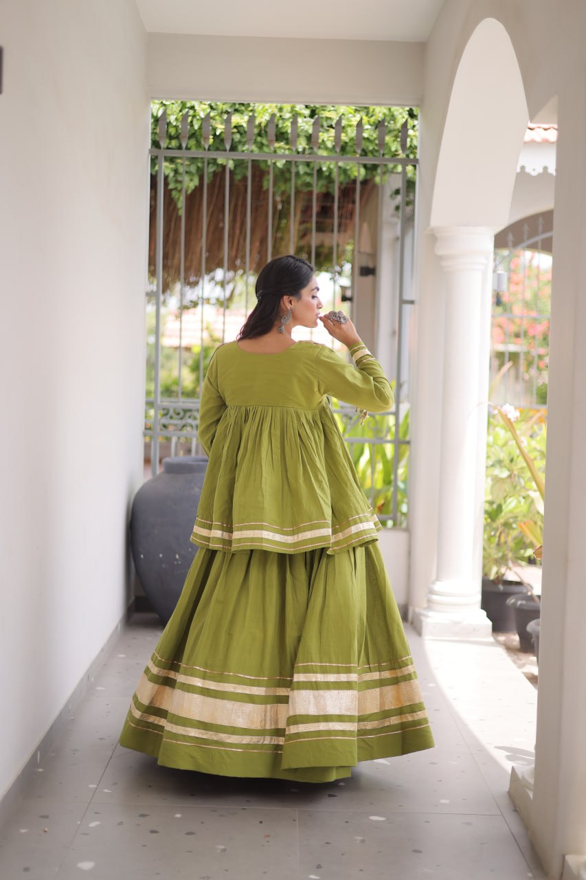 Olive Green Kora Cotton Navratri Lehenga Set with Mirror Work Blouse
