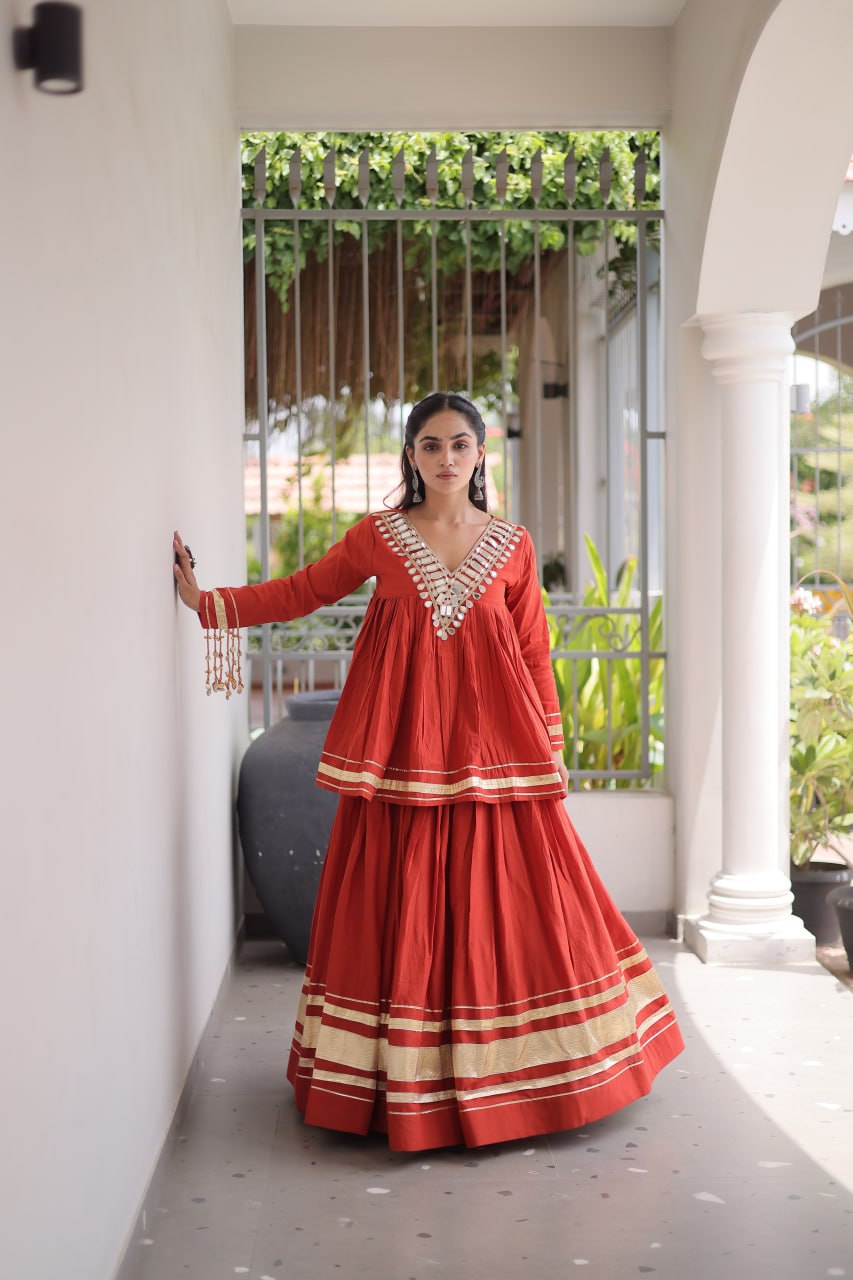 Rust Orange Kora Cotton Navratri Lehenga Set with Mirror Work Blouse