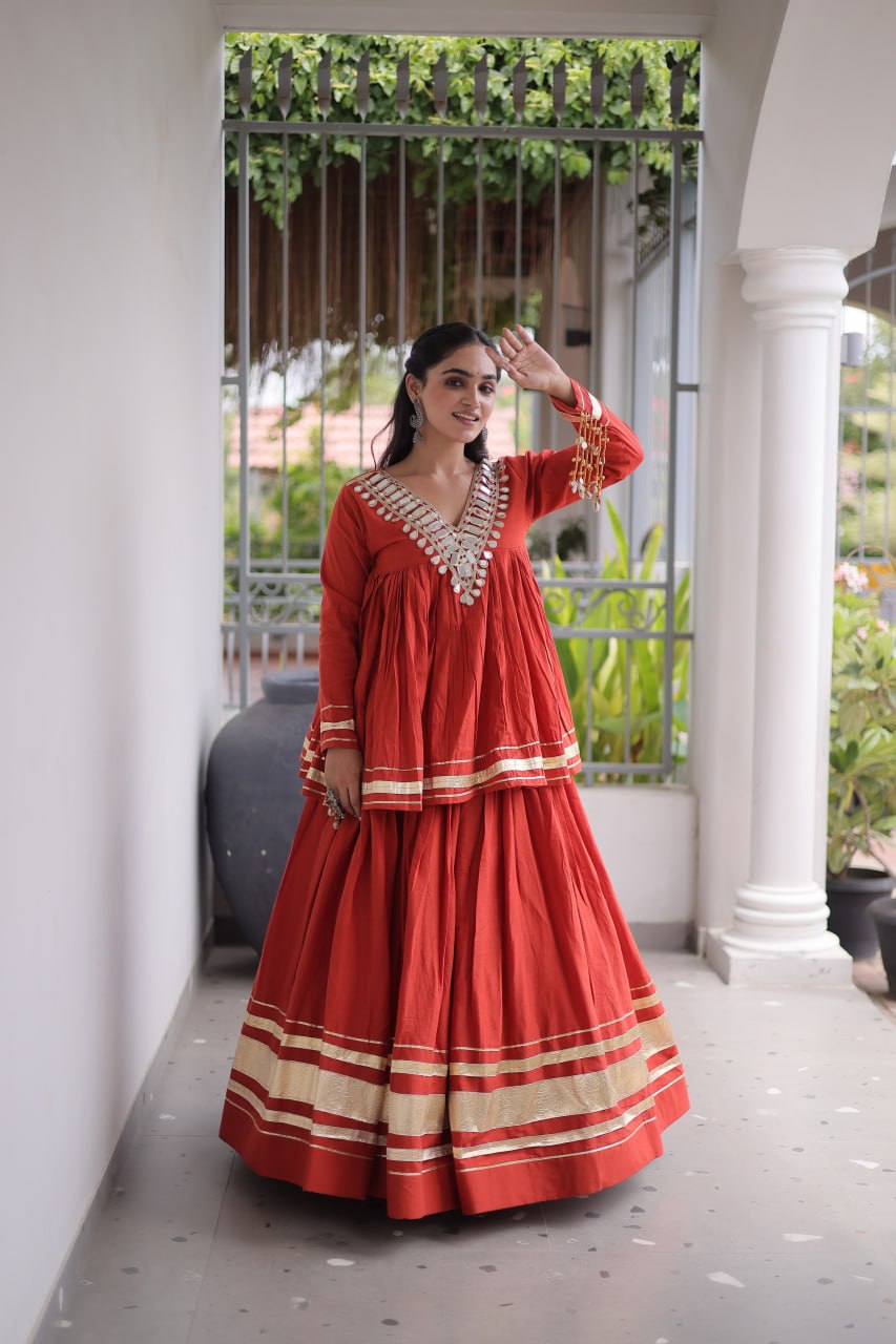 Rust Orange Kora Cotton Navratri Lehenga Set with Mirror Work Blouse
