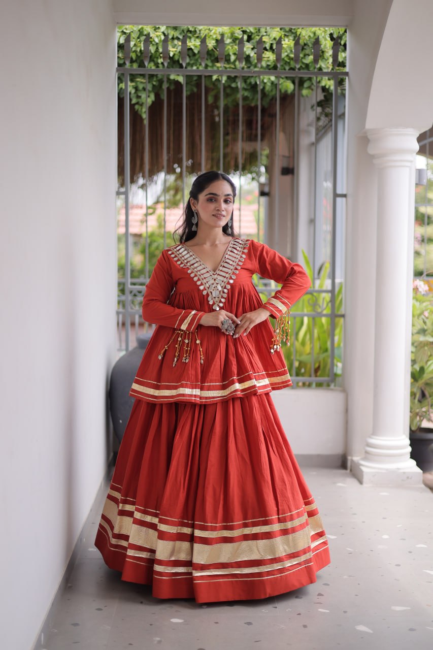 Rust Orange Kora Cotton Navratri Lehenga Set with Mirror Work Blouse