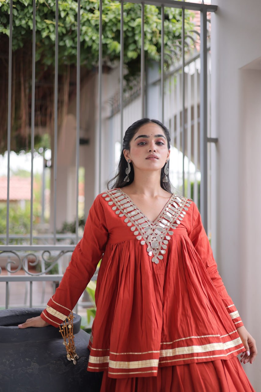 Rust Orange Kora Cotton Navratri Lehenga Set with Mirror Work Blouse