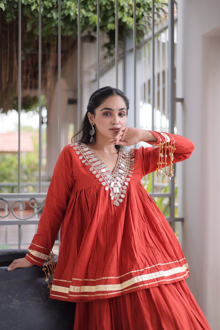 Rust Orange Kora Cotton Navratri Lehenga Set with Mirror Work Blouse