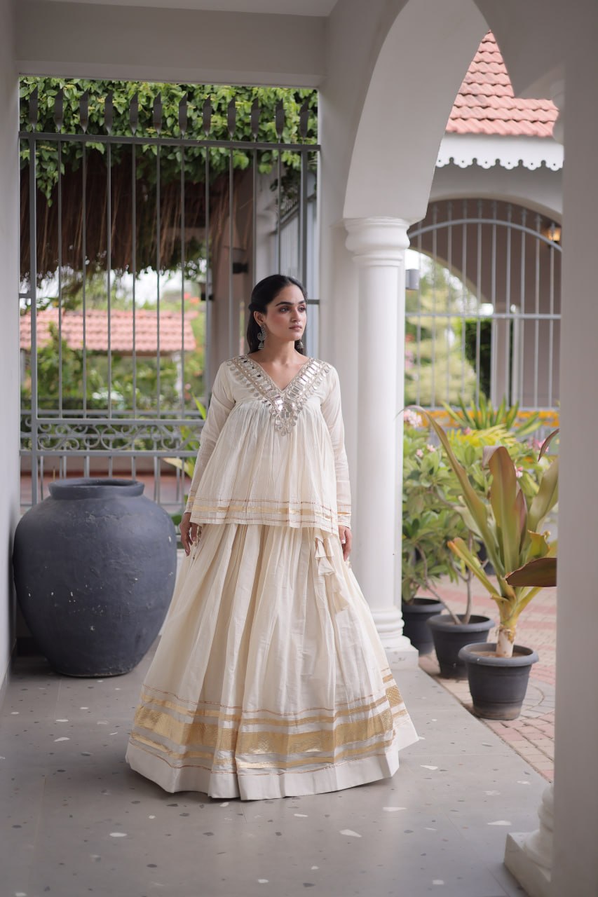 Ivory White Kora Cotton Navratri Lehenga Set with Mirror Work Blouse