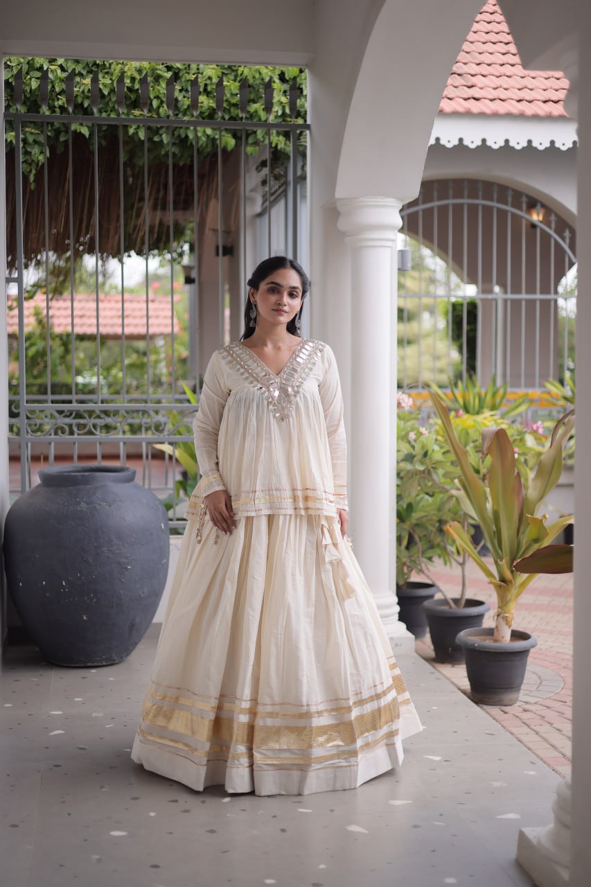 Ivory White Kora Cotton Navratri Lehenga Set with Mirror Work Blouse