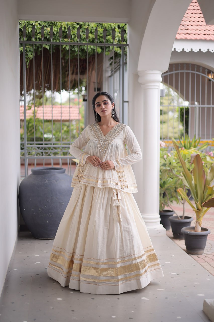 Ivory White Kora Cotton Navratri Lehenga Set with Mirror Work Blouse