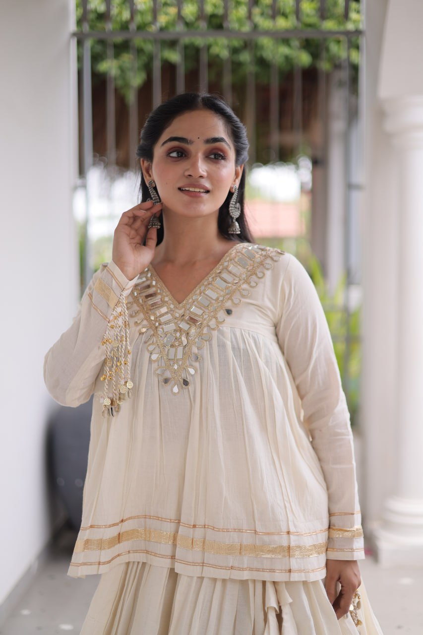 Ivory White Kora Cotton Navratri Lehenga Set with Mirror Work Blouse