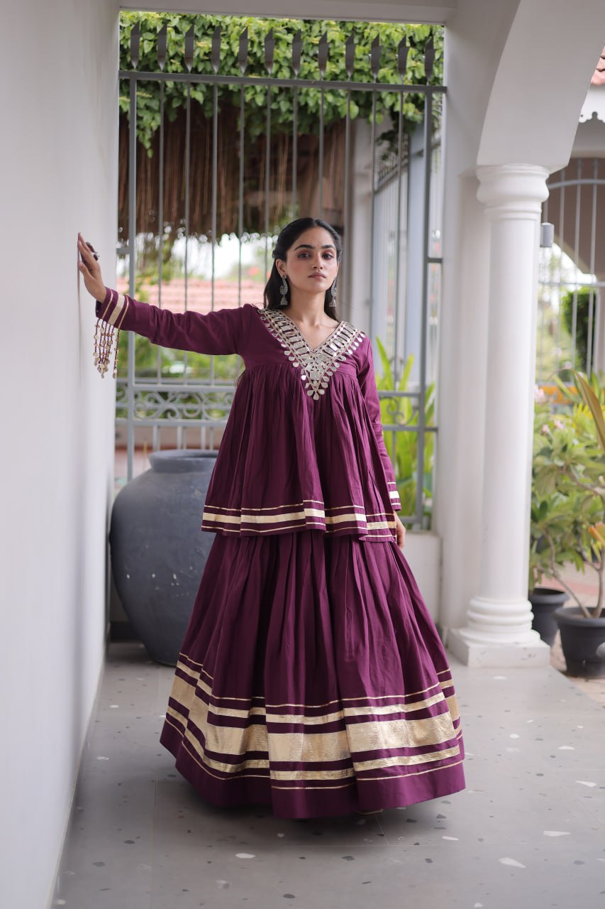 Wine Purple Kora Cotton Navratri Lehenga Set with Mirror Work Blouse