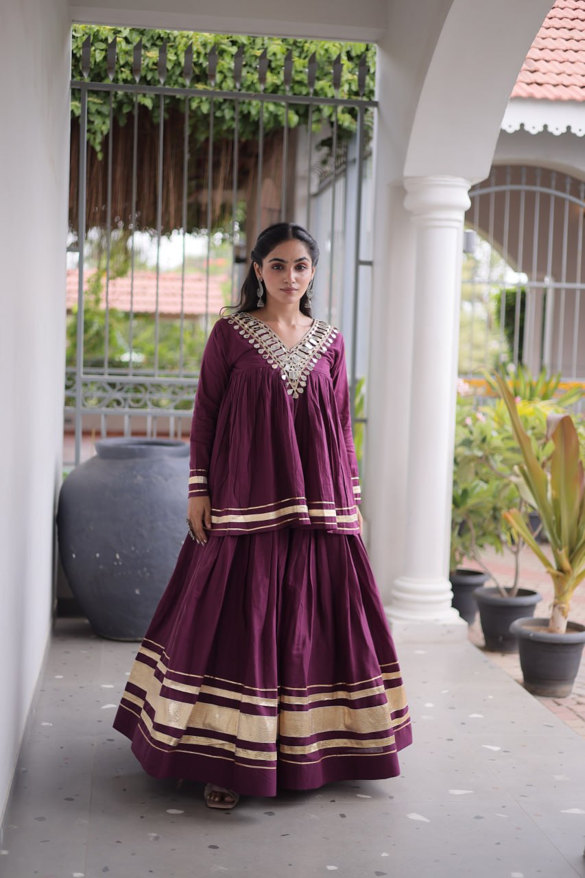 Wine Purple Kora Cotton Navratri Lehenga Set with Mirror Work Blouse