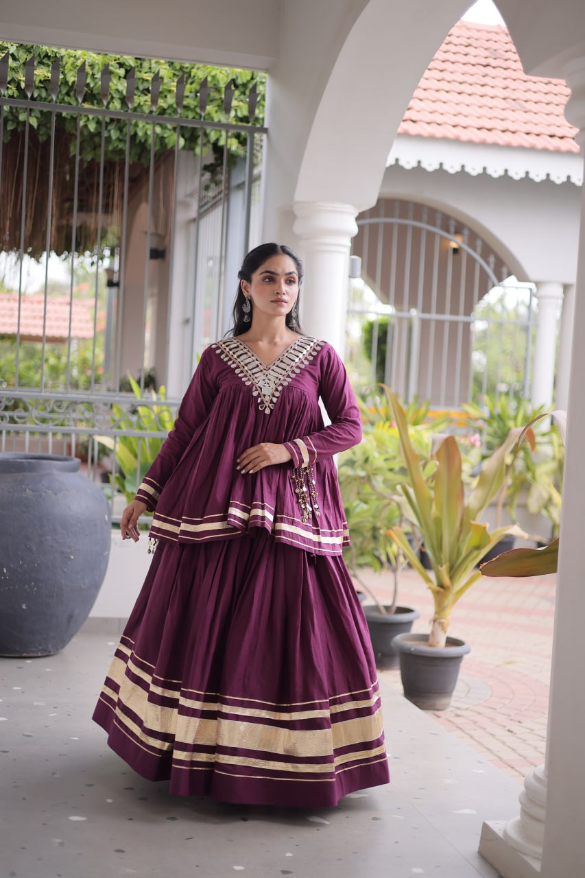 Wine Purple Kora Cotton Navratri Lehenga Set with Mirror Work Blouse