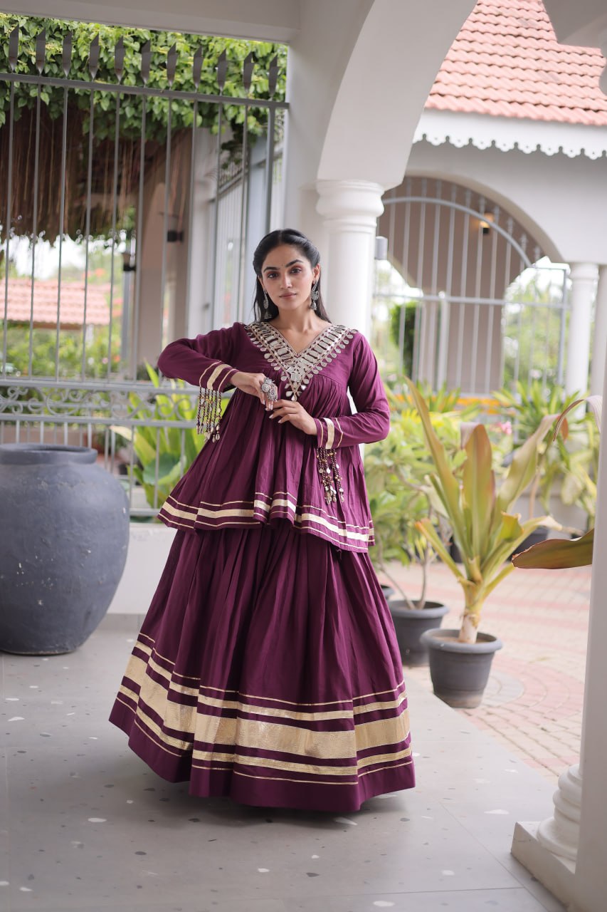 Wine Purple Kora Cotton Navratri Lehenga Set with Mirror Work Blouse