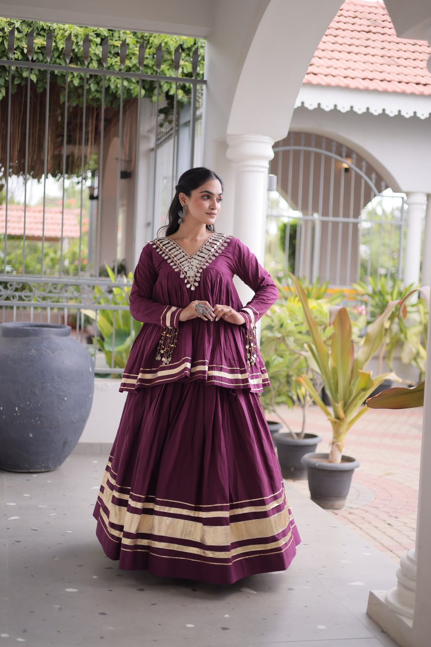 Wine Purple Kora Cotton Navratri Lehenga Set with Mirror Work Blouse