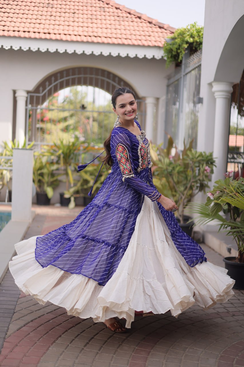 Royal Blue Laheriya Print Kora Cotton Lehenga with Kutchi Patchwork Kurti