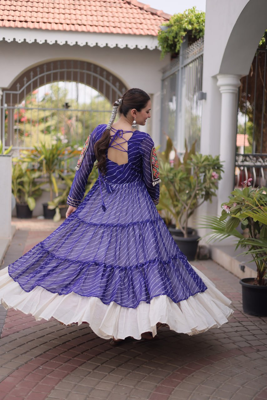 Royal Blue Laheriya Print Kora Cotton Lehenga with Kutchi Patchwork Kurti