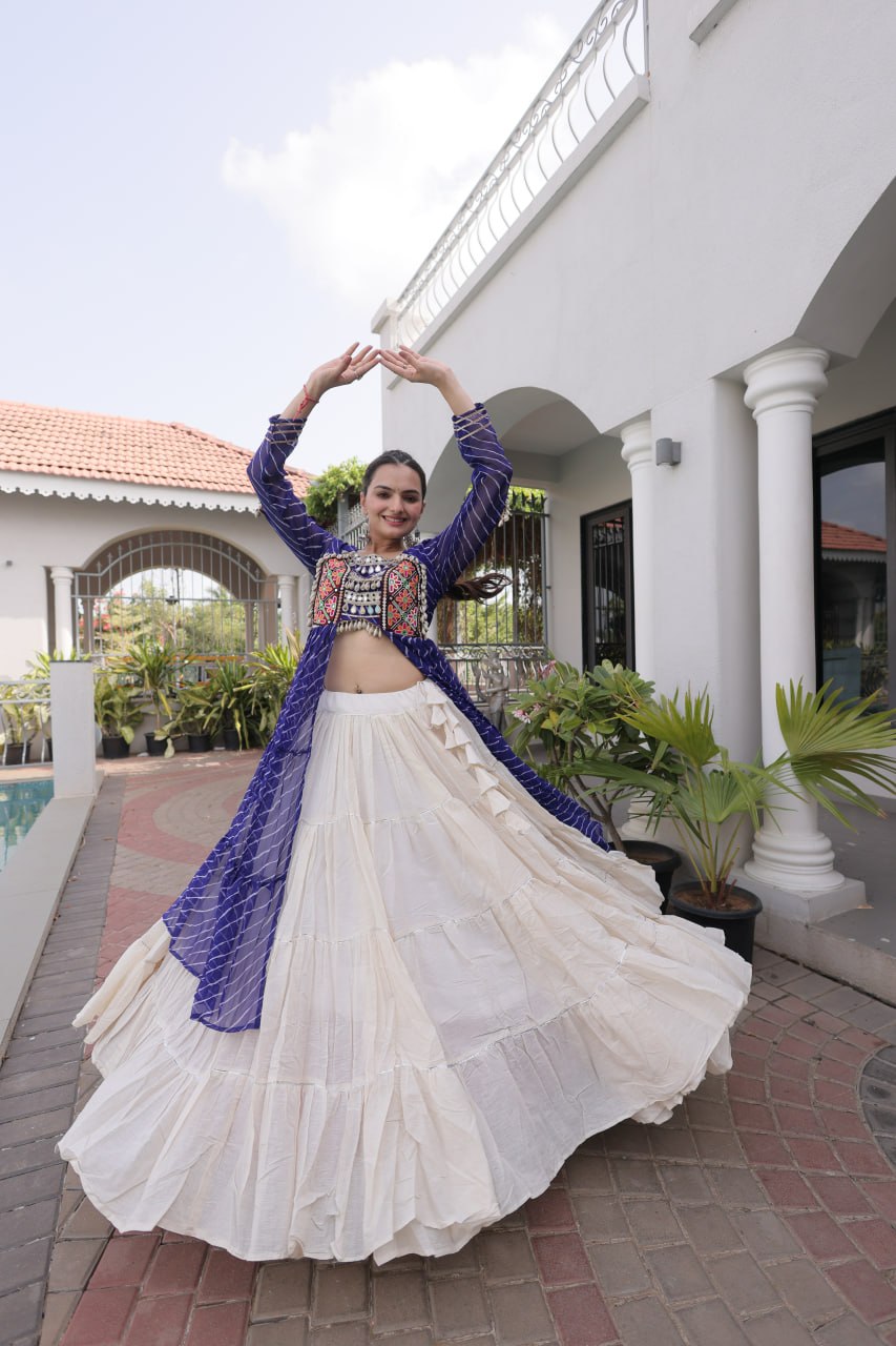 Royal Blue Laheriya Print Kora Cotton Lehenga with Kutchi Patchwork Kurti