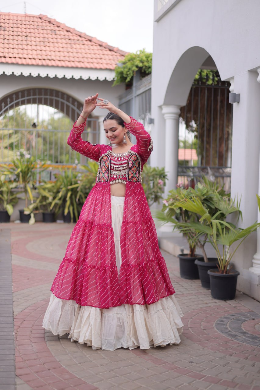 Rani Pink Laheriya Print Kora Cotton Lehenga with Kutchi Patchwork Kurti