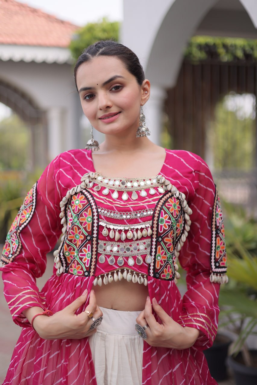 Rani Pink Laheriya Print Kora Cotton Lehenga with Kutchi Patchwork Kurti