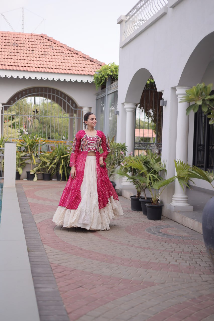 Rani Pink Laheriya Print Kora Cotton Lehenga with Kutchi Patchwork Kurti