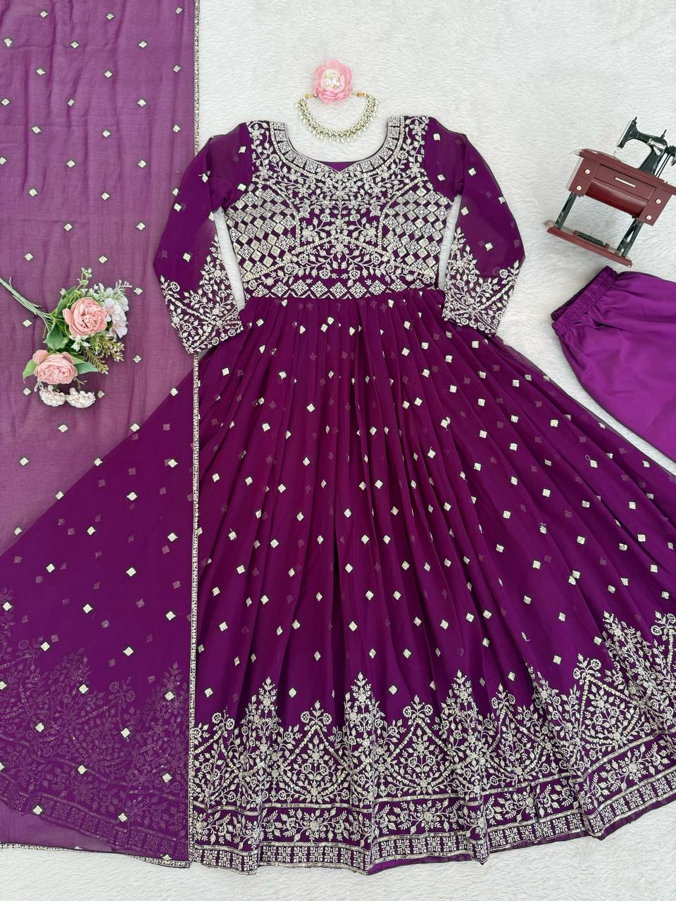 Wine Purple Designer Embroidered Anarkali Suit Set with Dupatta & Pant