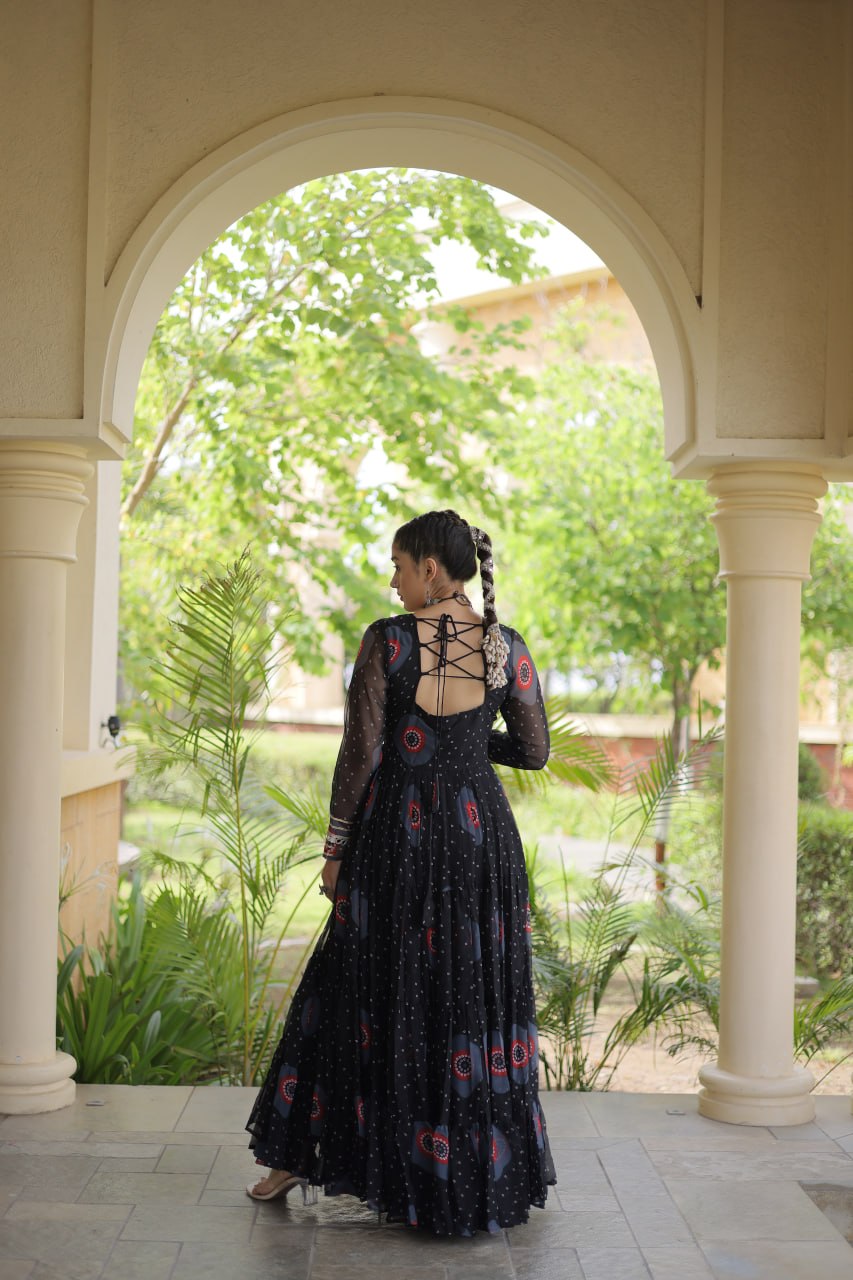 Black Bandhani Faux Georgette Navratri Gown with Kutchi Patchwork | 12 Meter Flair