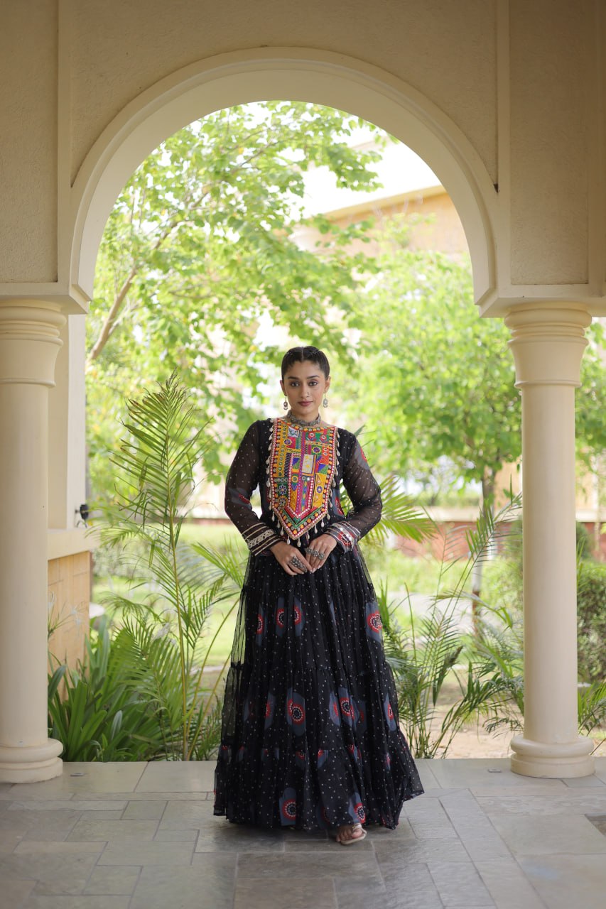 Black Bandhani Faux Georgette Navratri Gown with Kutchi Patchwork | 12 Meter Flair