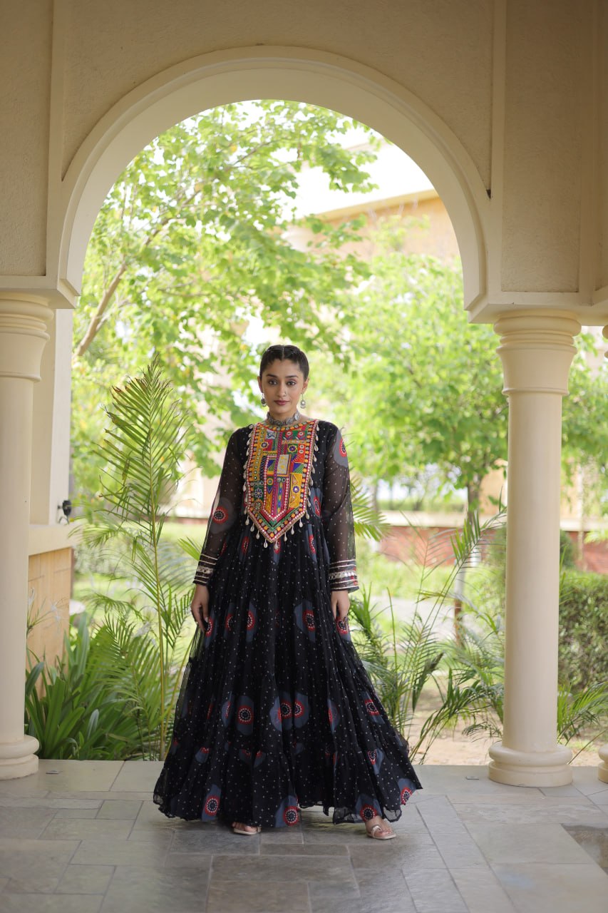 Black Bandhani Faux Georgette Navratri Gown with Kutchi Patchwork | 12 Meter Flair