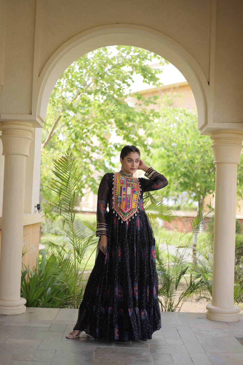 Black Bandhani Faux Georgette Navratri Gown with Kutchi Patchwork | 12 Meter Flair