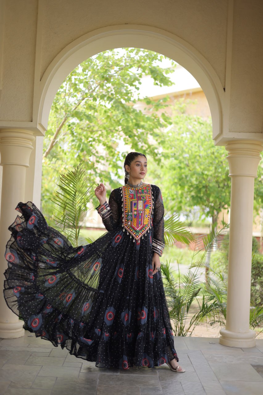 Black Bandhani Faux Georgette Navratri Gown with Kutchi Patchwork | 12 Meter Flair