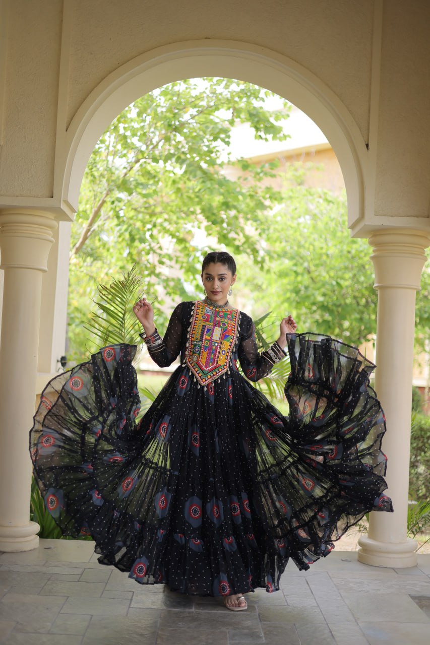 Black Bandhani Faux Georgette Navratri Gown with Kutchi Patchwork | 12 Meter Flair