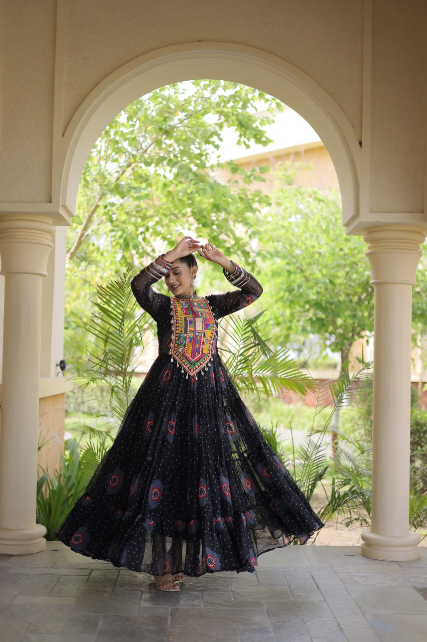 Black Bandhani Faux Georgette Navratri Gown with Kutchi Patchwork | 12 Meter Flair