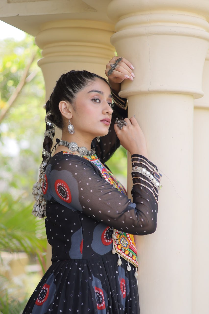 Black Bandhani Faux Georgette Navratri Gown with Kutchi Patchwork | 12 Meter Flair