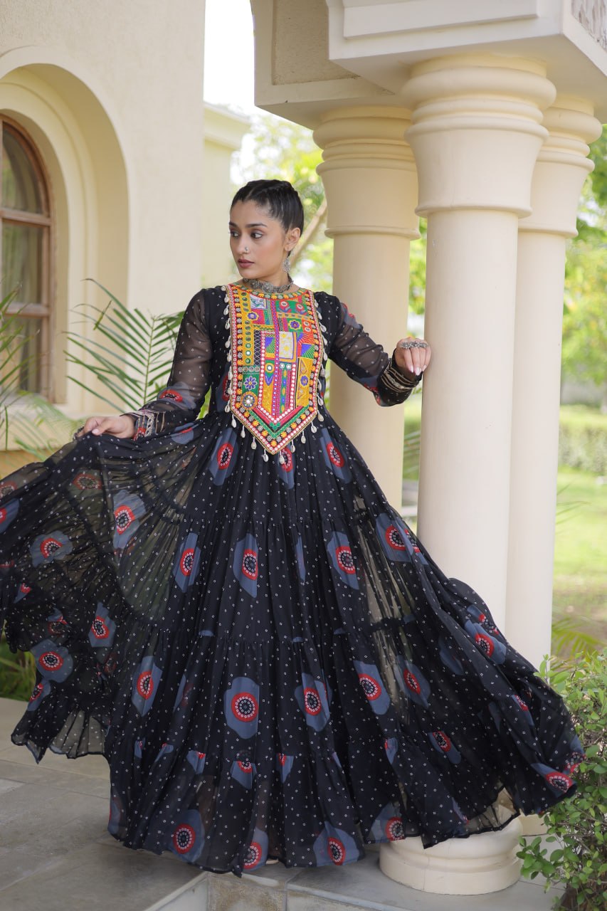 Black Bandhani Faux Georgette Navratri Gown with Kutchi Patchwork | 12 Meter Flair
