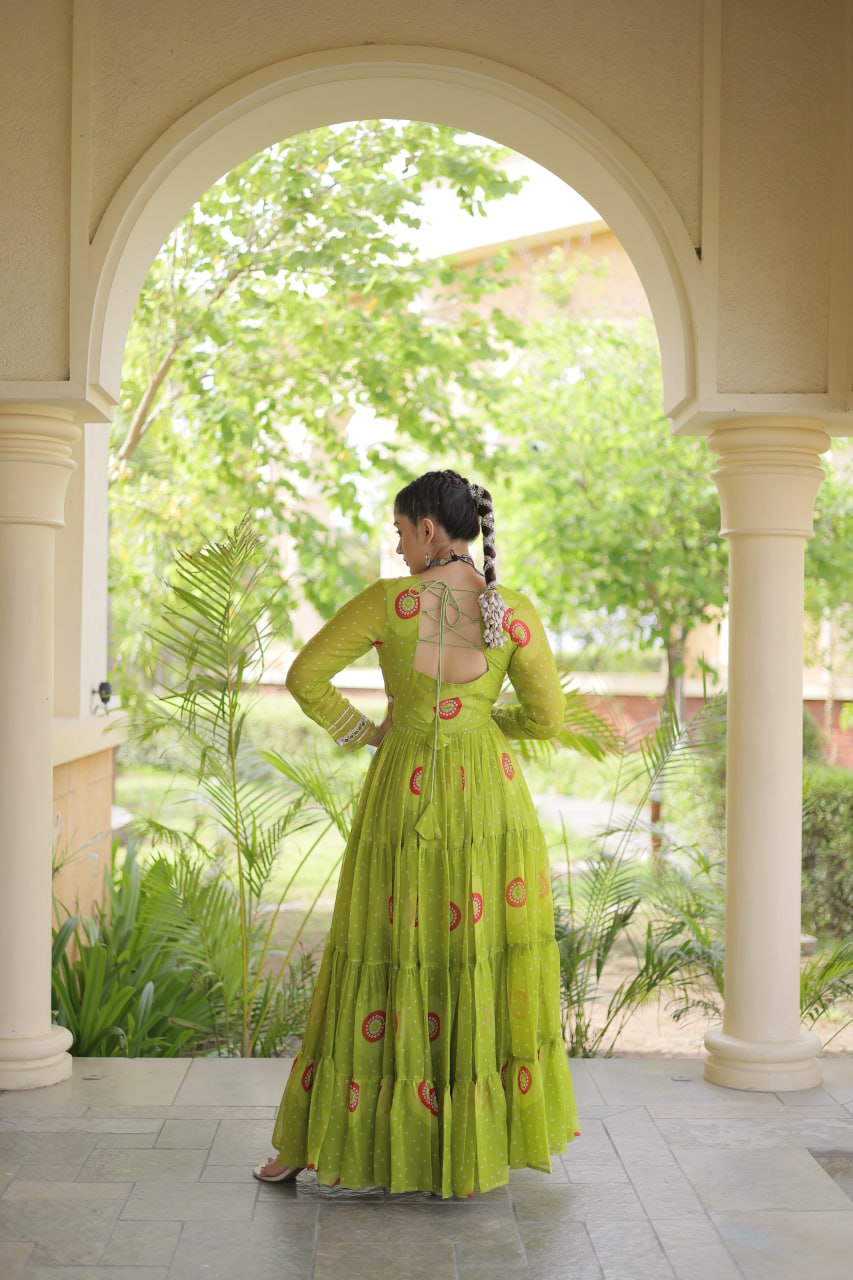 Olive Green Bandhani Faux Georgette Navratri Gown with Kutchi Patchwork | 12 Meter Flair