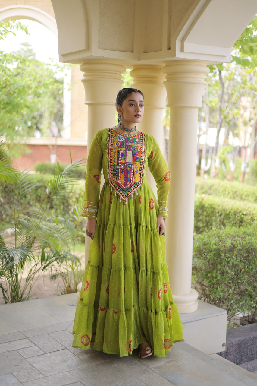 Olive Green Bandhani Faux Georgette Navratri Gown with Kutchi Patchwork | 12 Meter Flair