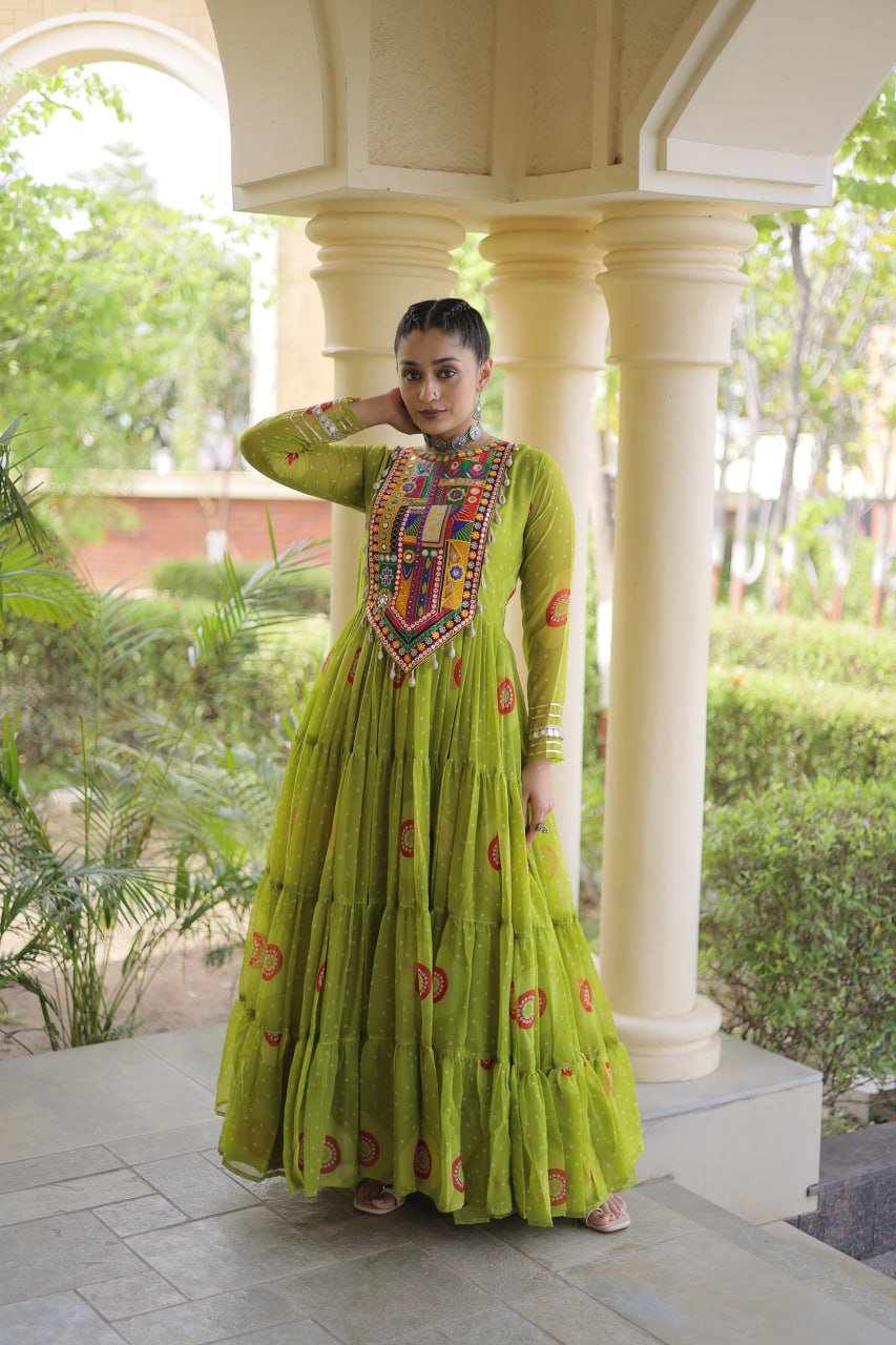 Olive Green Bandhani Faux Georgette Navratri Gown with Kutchi Patchwork | 12 Meter Flair