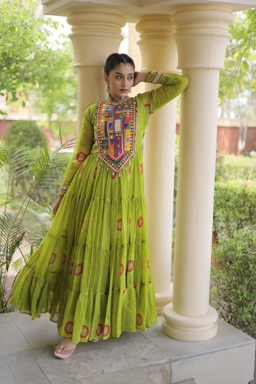 Olive Green Bandhani Faux Georgette Navratri Gown with Kutchi Patchwork | 12 Meter Flair