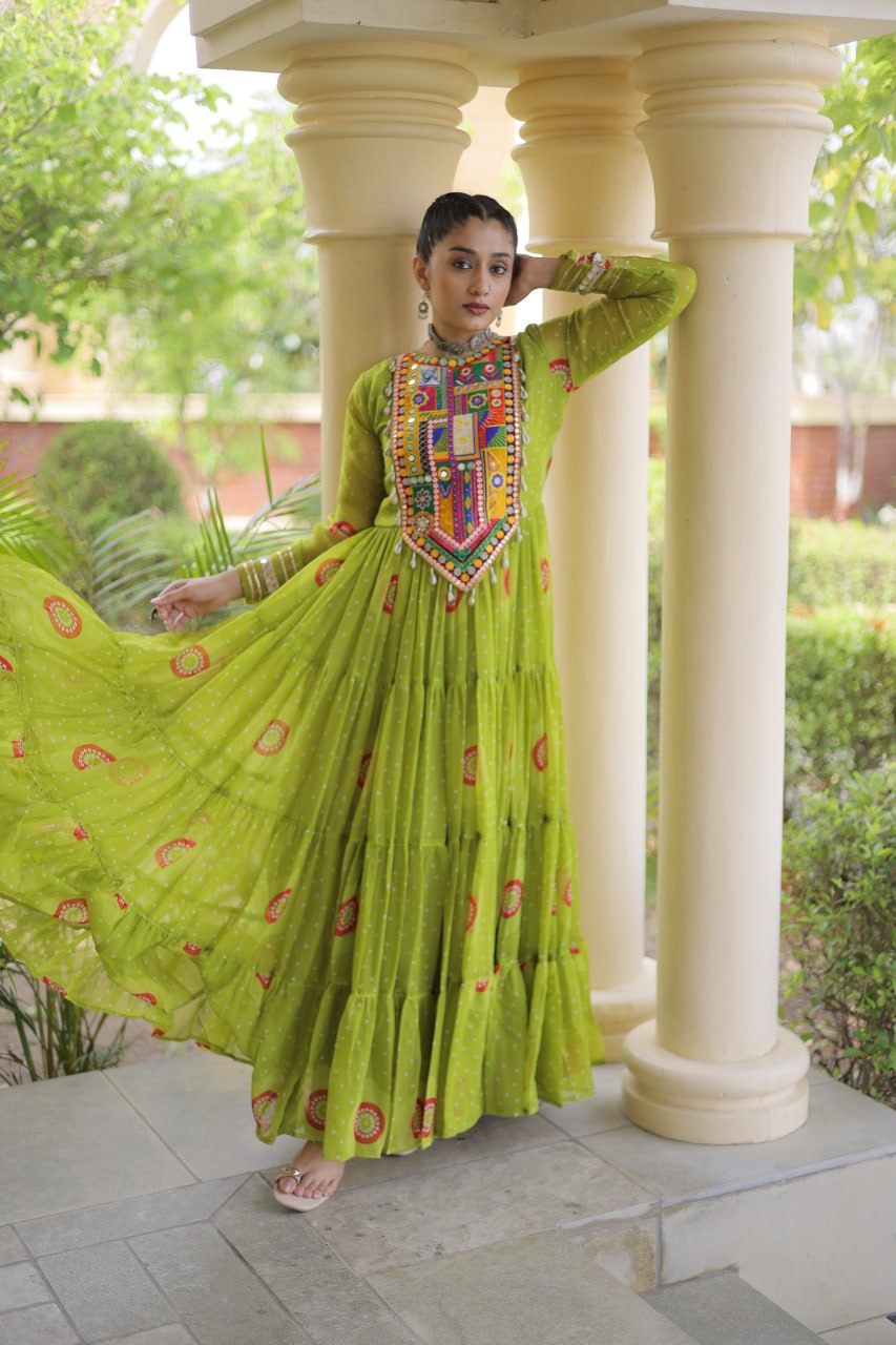 Olive Green Bandhani Faux Georgette Navratri Gown with Kutchi Patchwork | 12 Meter Flair