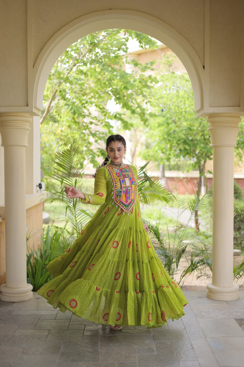 Olive Green Bandhani Faux Georgette Navratri Gown with Kutchi Patchwork | 12 Meter Flair