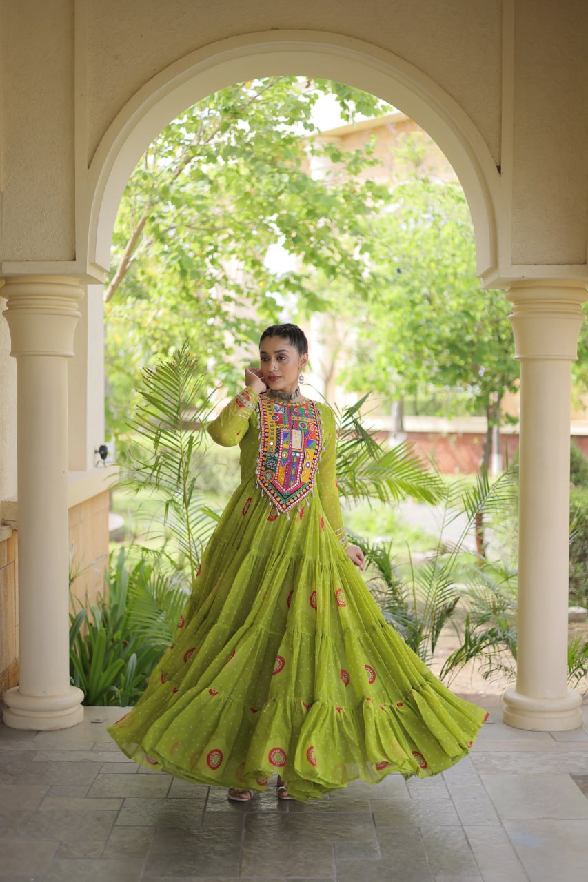 Olive Green Bandhani Faux Georgette Navratri Gown with Kutchi Patchwork | 12 Meter Flair