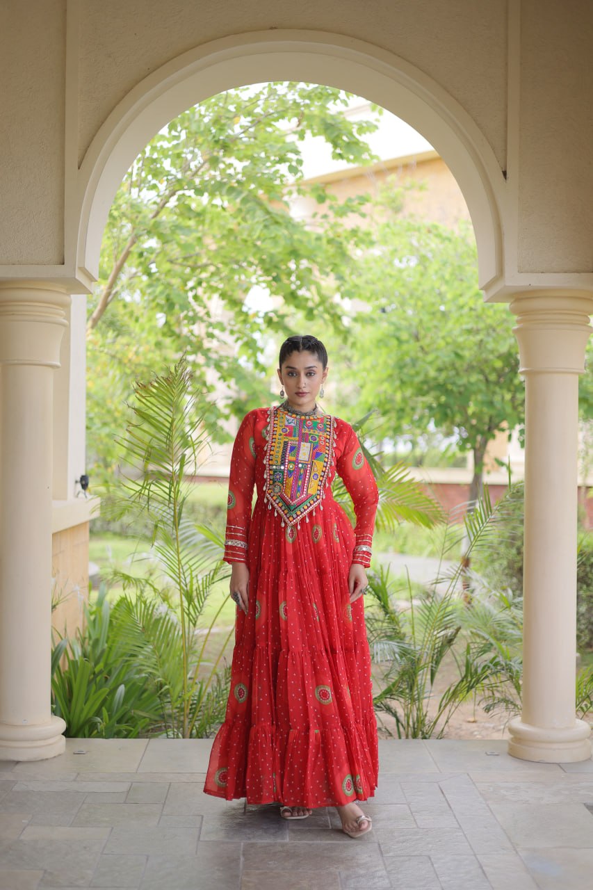 Red Bandhani Faux Georgette Navratri Gown with Kutchi Patchwork | 12 Meter Flair