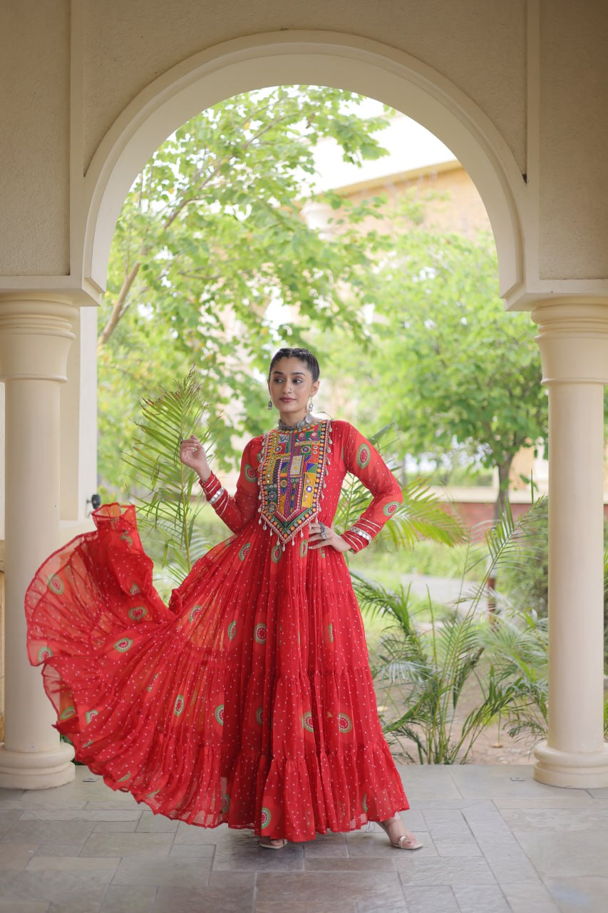 Red Bandhani Faux Georgette Navratri Gown with Kutchi Patchwork | 12 Meter Flair