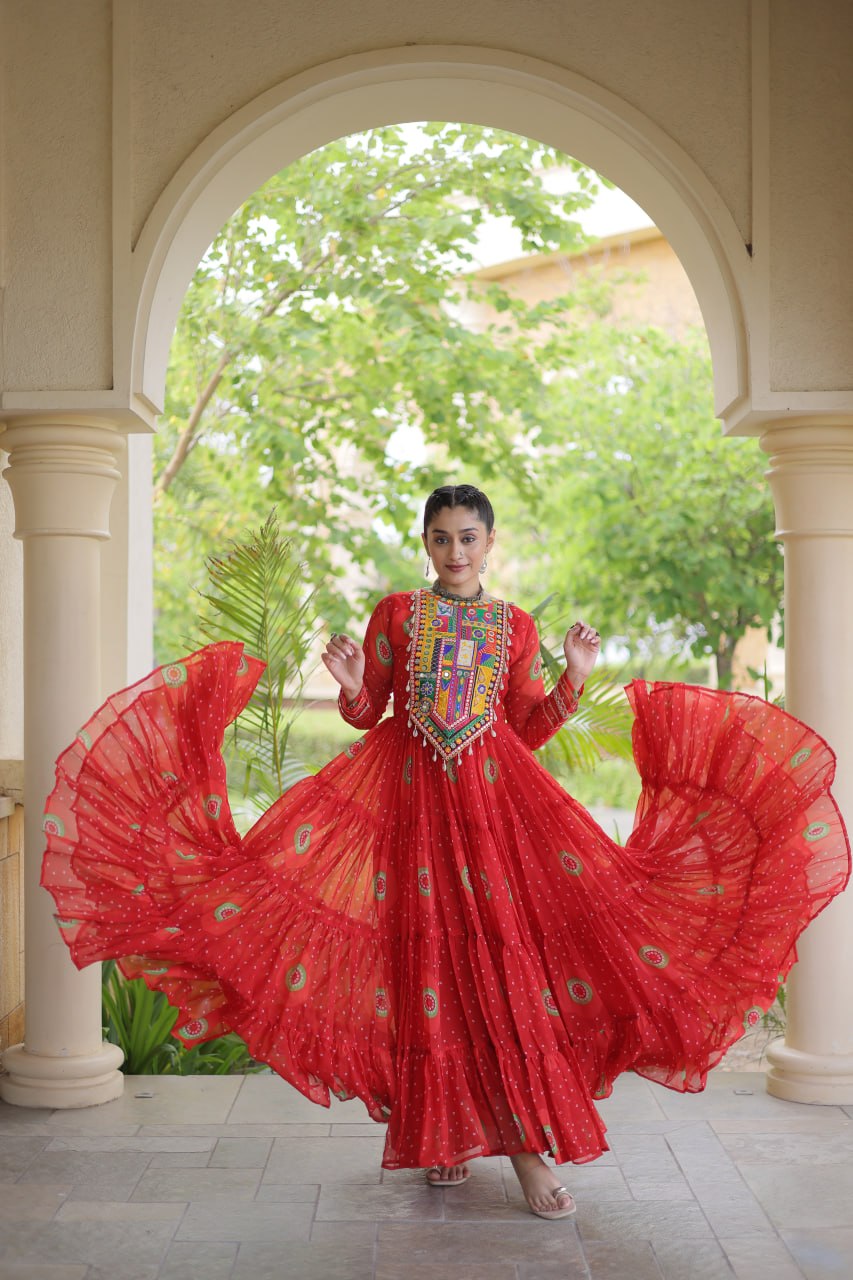 Red Bandhani Faux Georgette Navratri Gown with Kutchi Patchwork | 12 Meter Flair