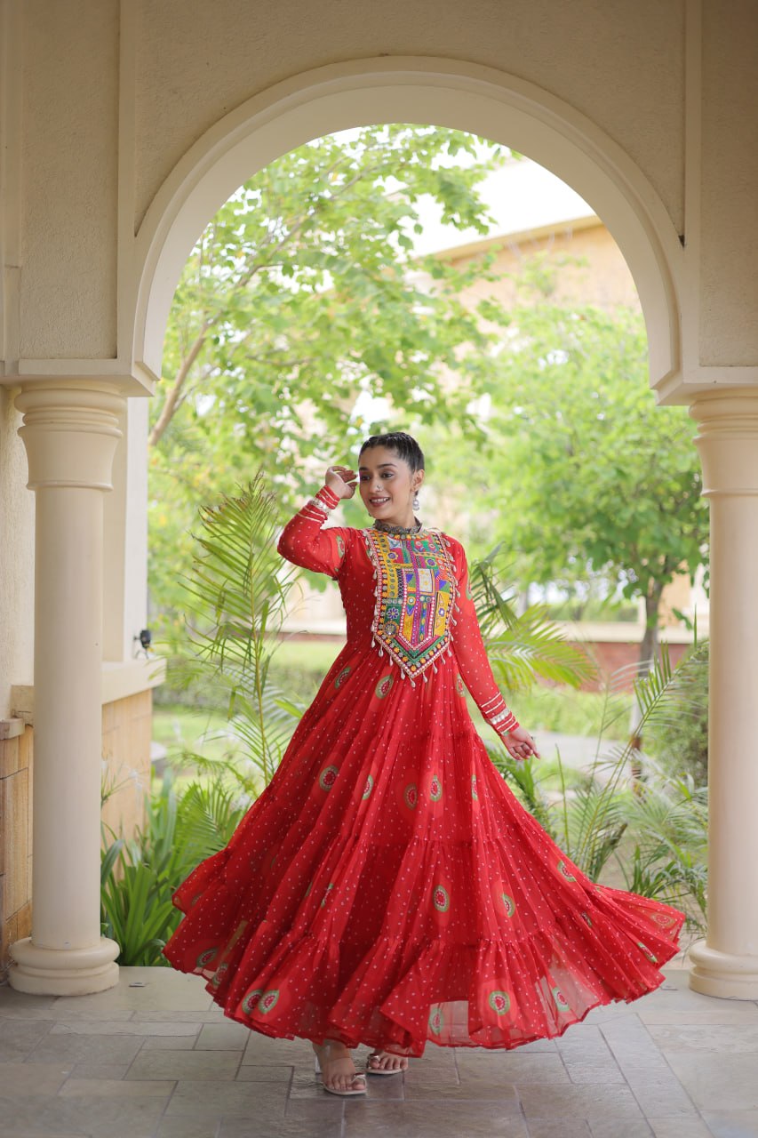 Red Bandhani Faux Georgette Navratri Gown with Kutchi Patchwork | 12 Meter Flair