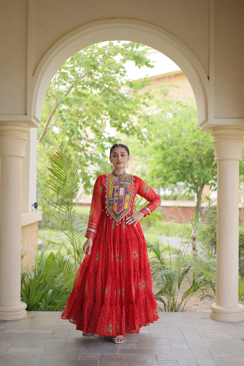 Red Bandhani Faux Georgette Navratri Gown with Kutchi Patchwork | 12 Meter Flair