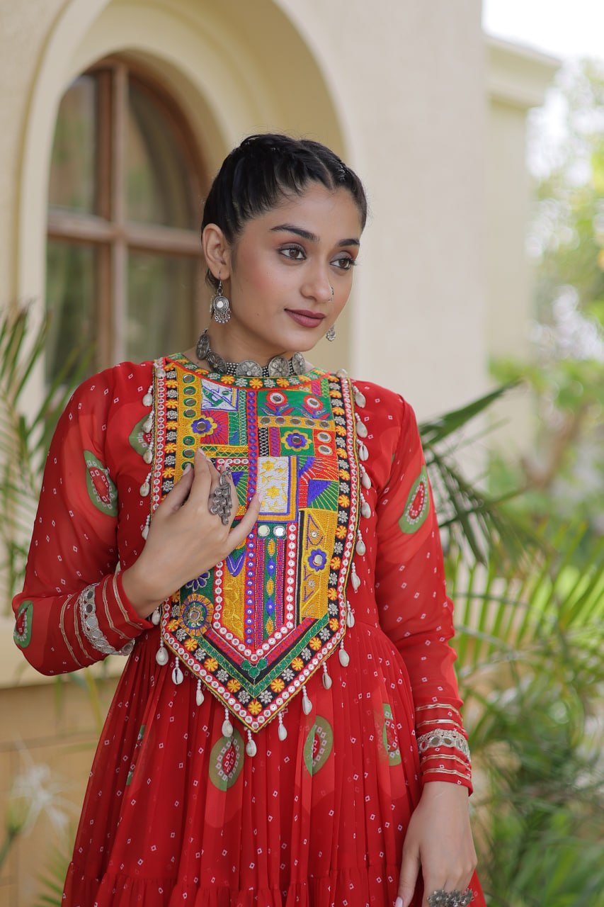 Red Bandhani Faux Georgette Navratri Gown with Kutchi Patchwork | 12 Meter Flair