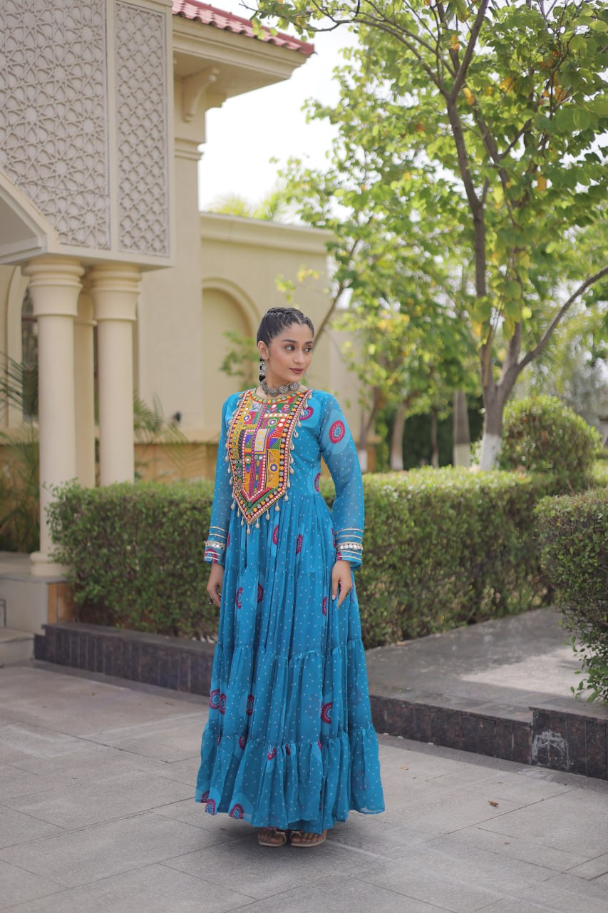 Sky Blue Bandhani Faux Georgette Navratri Gown with Kutchi Patchwork | 12 Meter Flair