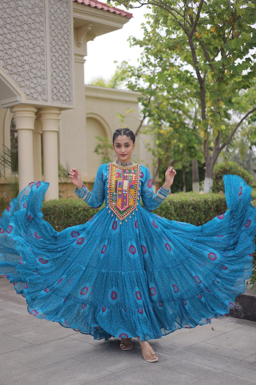 Sky Blue Bandhani Faux Georgette Navratri Gown with Kutchi Patchwork | 12 Meter Flair
