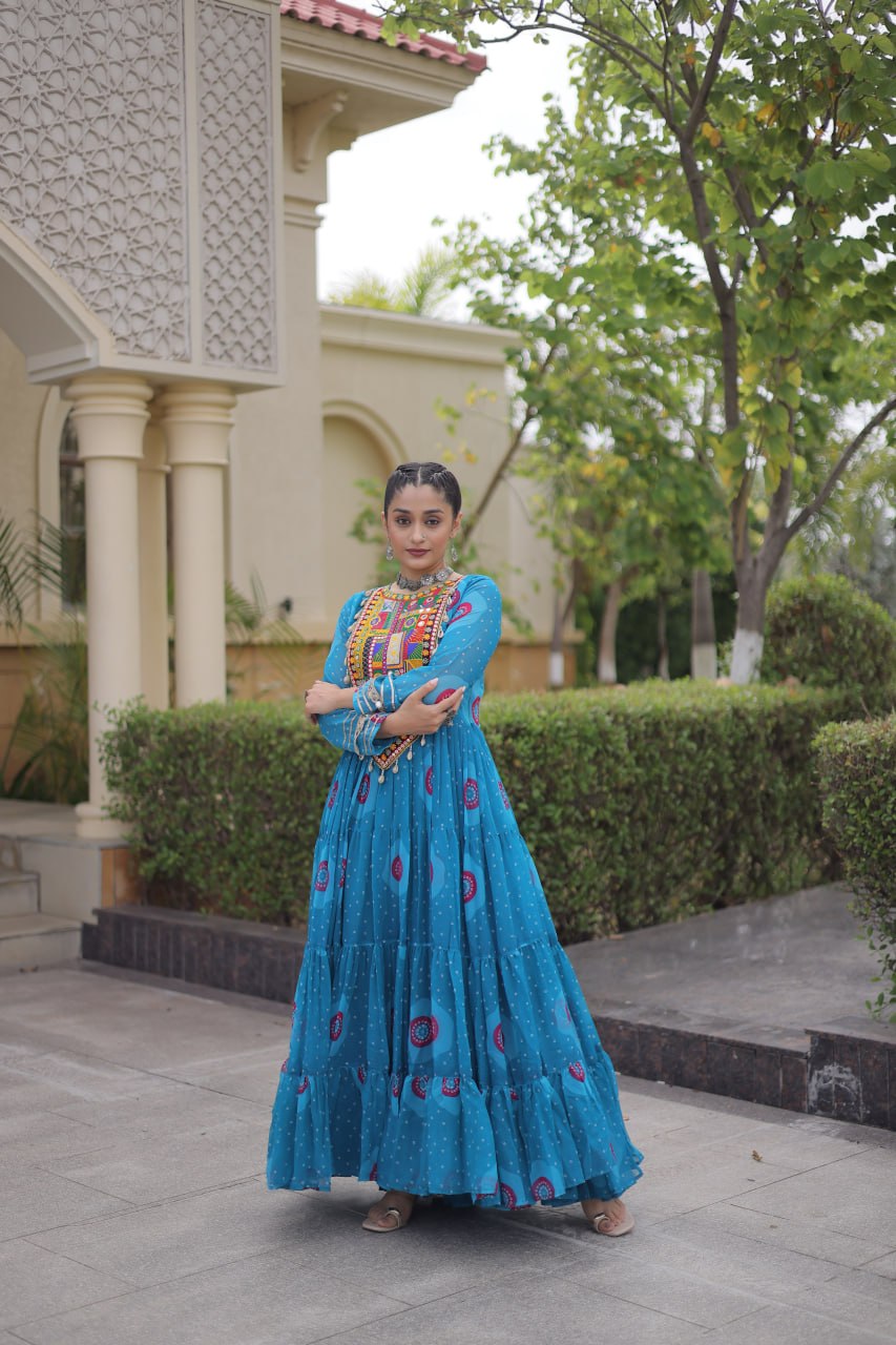 Sky Blue Bandhani Faux Georgette Navratri Gown with Kutchi Patchwork | 12 Meter Flair